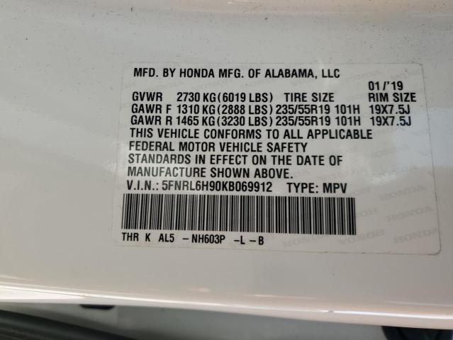 5FNRL6H90KB069912 - 2019 HONDA ODYSSEY ELITE WHITE photo 14