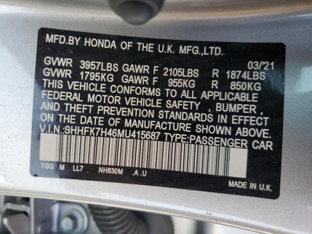 SHHFK7H46MU415687 - 2021 HONDA CIVIC SPORT 银色 照片 12