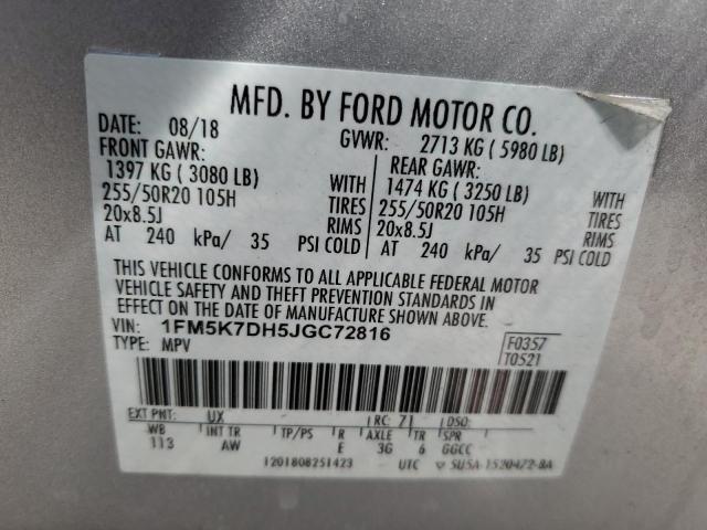 1FM5K7DH5JGC72816 - 2018 FORD EXPLORER XLT SILVER photo 13