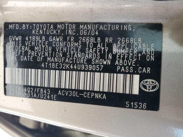 4T1BE32K44U939057 - 2004 TOYOTA CAMRY LE TAN photo 12