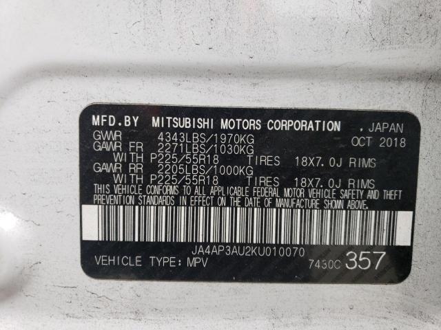 JA4AP3AU2KU010070 - 2019 MITSUBISHI OUTLANDER ES WHITE photo 12