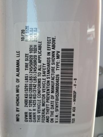 5FNYF8H53MB004826 - 2021 HONDA PASSPORT EXL WHITE photo 12