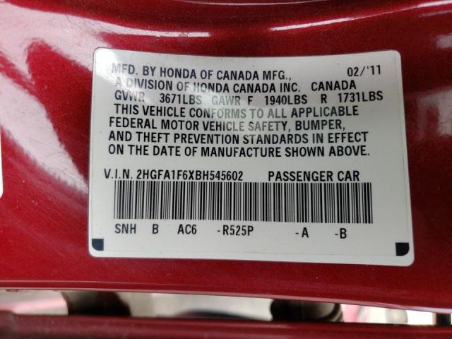 2HGFA1F6XBH545602 - 2011 HONDA CIVIC LX-S برغندي صورة 12