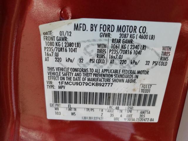 1FMCU9D79CKB92777 - 2012 FORD ESCAPE XLT BURGUNDY photo 13