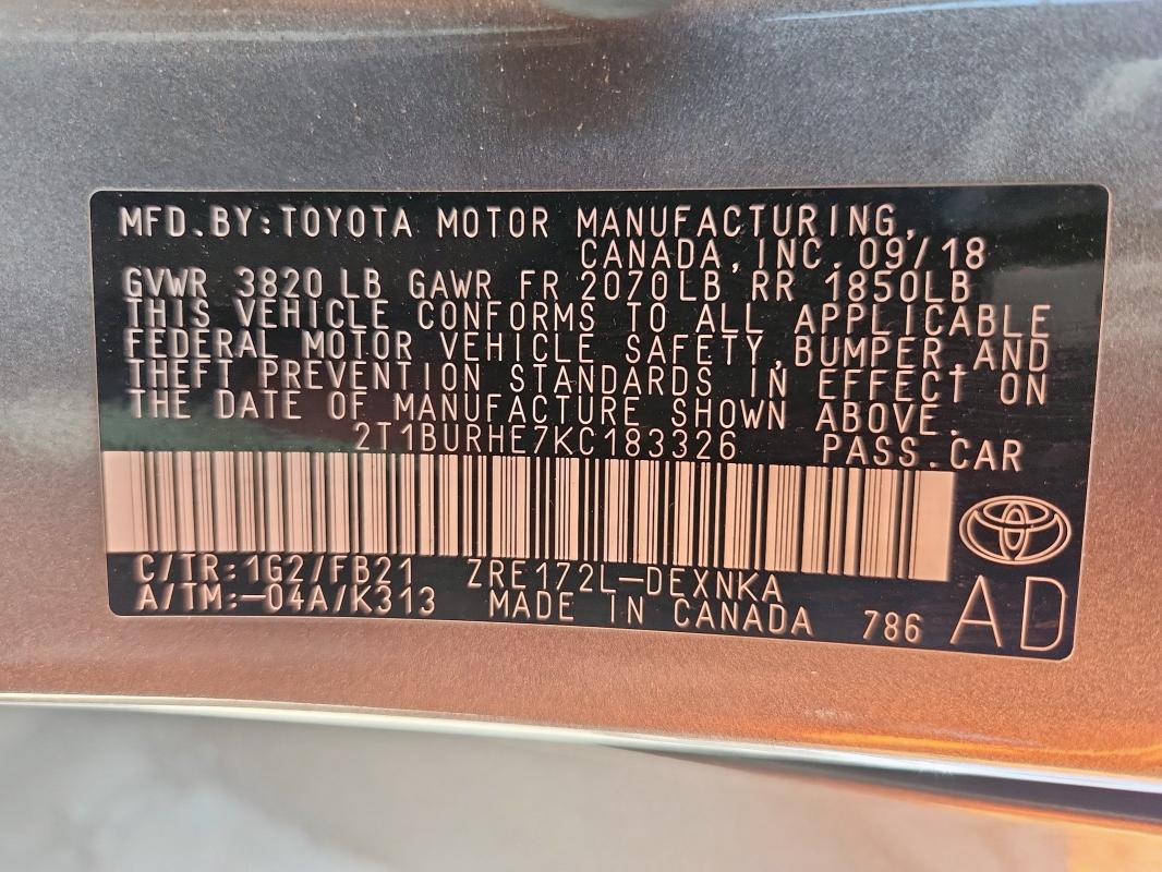 2T1BURHE7KC183326 - 2019 TOYOTA COROLLA L Gris photo 12