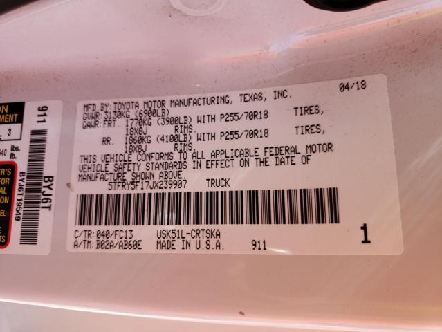 5TFRY5F17JX239907 - 2018 TOYOTA TUNDRA DOUBLE CAB SR/SR5 WHITE photo 13