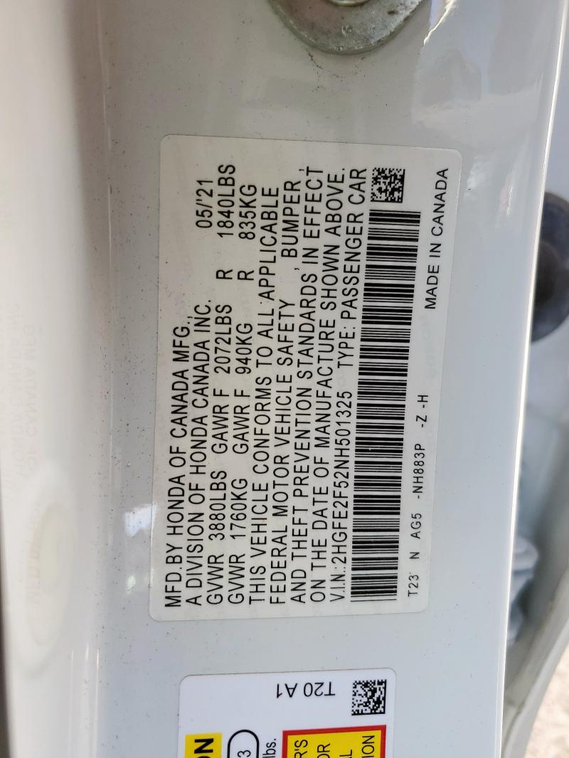 2HGFE2F52NH501325 - 2022 HONDA CIVIC SPORT WHITE photo 13