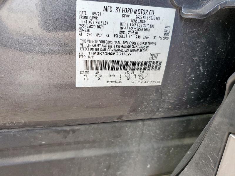 1FMSK7DH0MGC17827 - 2021 FORD EXPLORER XLT Գրաֆիտ լուսանկար 14