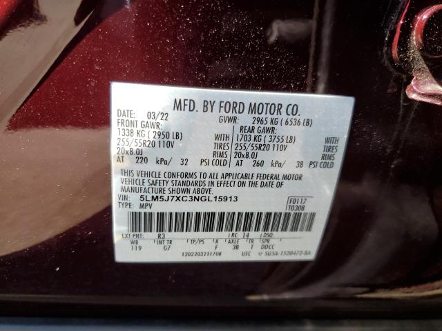 5LM5J7XC3NGL15913 - 2022 LINCOLN AVIATOR RESERVE MAROON photo 13