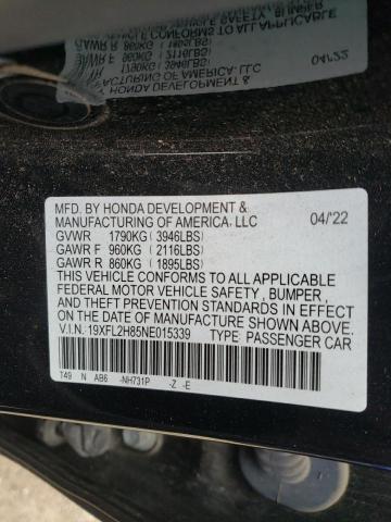 19XFL2H85NE015339 - 2022 HONDA CIVIC SPORT BLACK photo 12