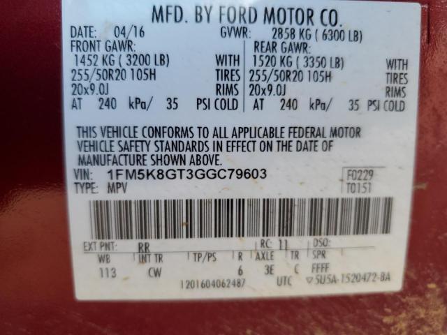 1FM5K8GT3GGC79603 - 2016 FORD EXPLORER SPORT BURGUNDY photo 13