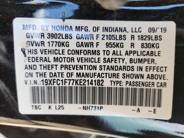 19XFC1F77KE214182 - 2019 HONDA CIVIC EXL BLACK photo 12