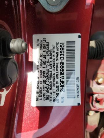 2HGFA16999H335951 - 2009 HONDA CIVIC EXL მუქწითელი ფოტო 12