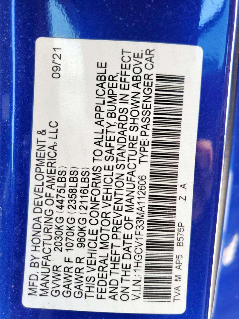 1HGCV1F33MA112606 - 2021 HONDA ACCORD SPORT BLUE photo 12