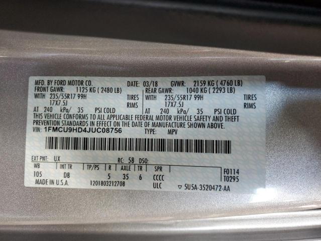 1FMCU9HD4JUC08756 - 2018 FORD ESCAPE SEL 银色 照片 13