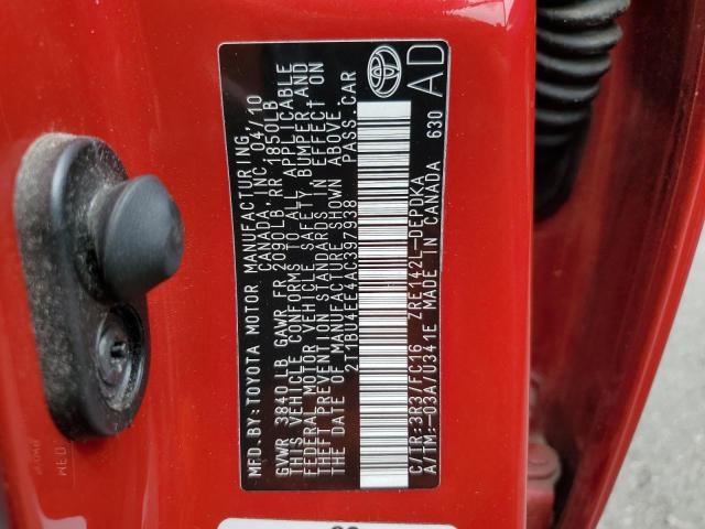 2T1BU4EE4AC397938 - 2010 TOYOTA COROLLA BASE წითელი ფოტო 12