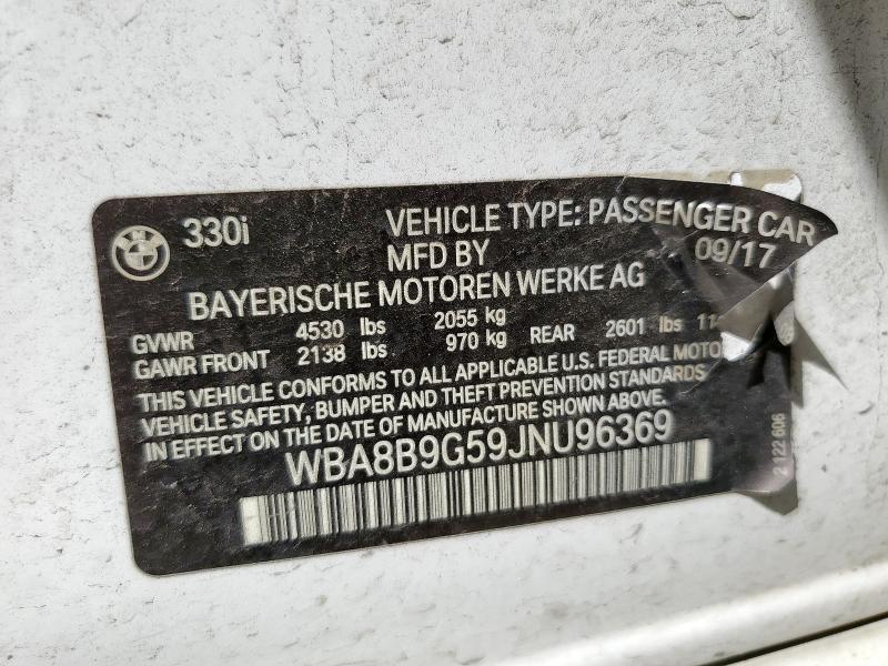 WBA8B9G59JNU96369 - 2018 BMW 330 I WHITE photo 12