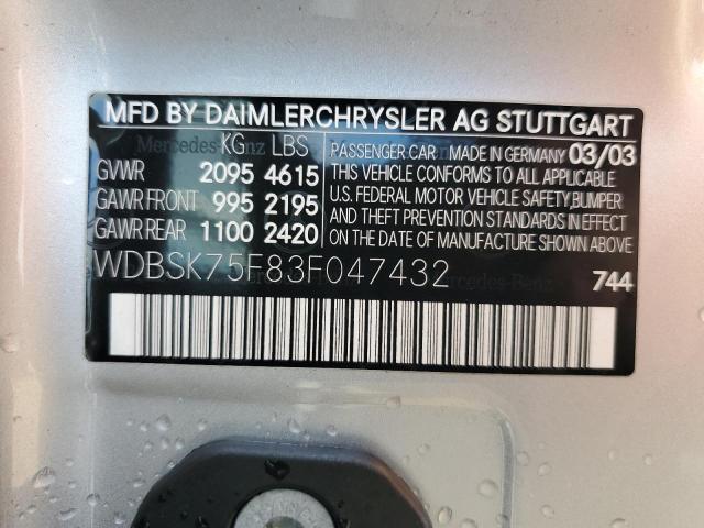 WDBSK75F83F047432 - 2003 MERCEDES-BENZ SL 500R SILVER photo 12