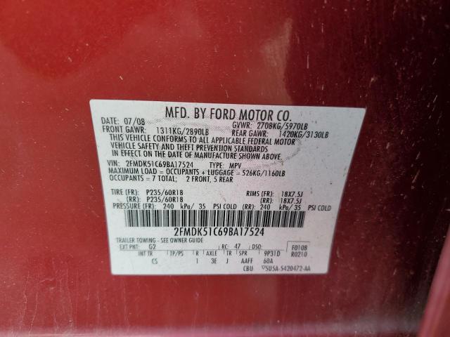 2FMDK51C69BA17524 - 2009 FORD FLEX SE RED photo 12