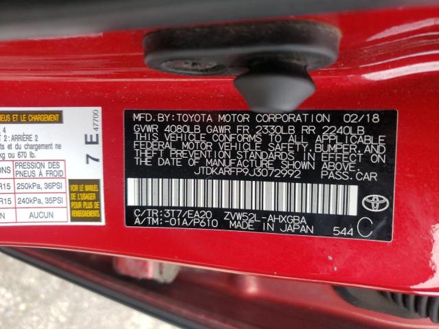 JTDKARFP9J3072992 - 2018 TOYOTA PRIUS PRIM 红色 照片 12