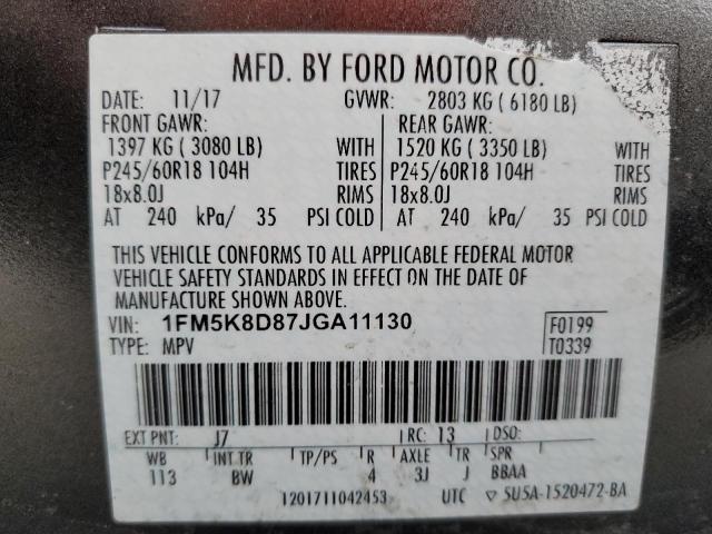 1FM5K8D87JGA11130 - 2018 FORD EXPLORER XLT Gri fotoğraf 13