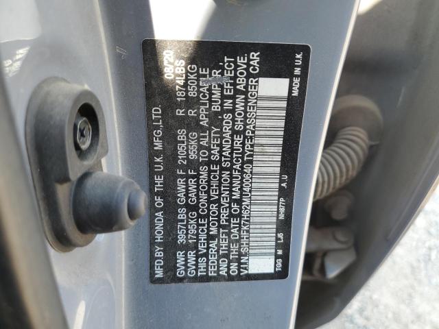 SHHFK7H62MU400640 - 2021 HONDA CIVIC EX GRAY photo 12