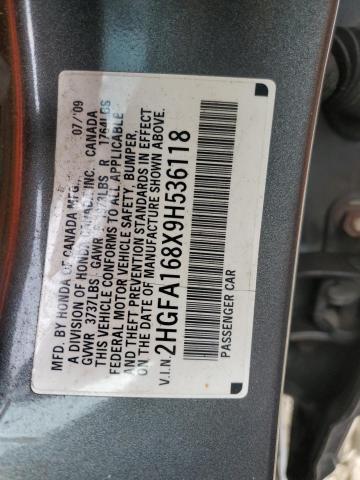 2HGFA168X9H536118 - 2009 HONDA CIVIC EX GRAY photo 12