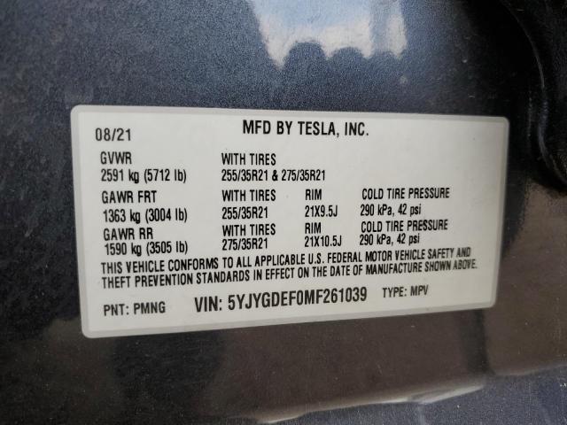 5YJYGDEF0MF261039 - 2021 TESLA MODEL Y 灰色 照片 14