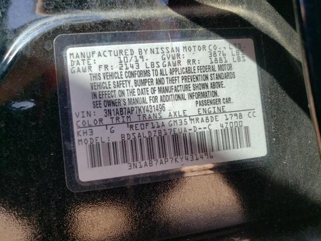 3N1AB7AP7KY431496 - 2019 NISSAN SENTRA S BLACK photo 12