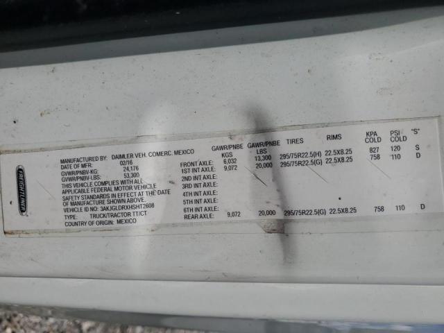 3AKJGLDRXHSHT2608 - 2017 FREIGHTLINER CASCADIA 1 WHITE photo 10