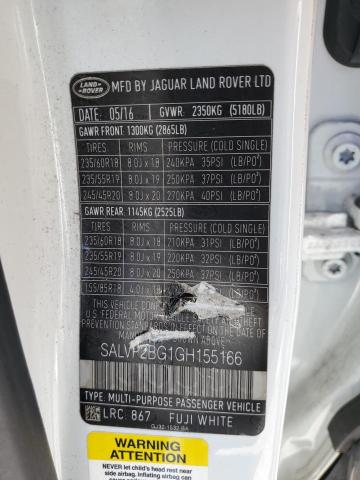 SALVP2BG1GH155166 - 2016 LAND ROVER RANGE ROVE SE WHITE photo 14