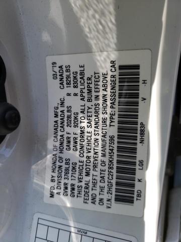 2HGFC2F85KH547596 - 2019 HONDA CIVIC SPORT 白色 照片 13