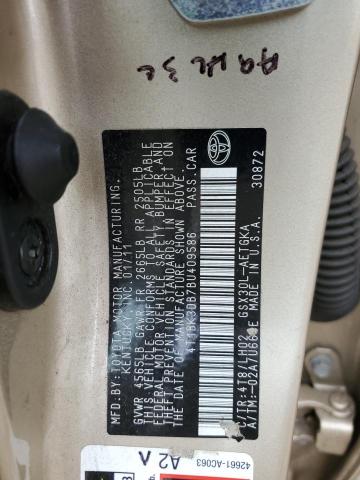 4T1BK3DB7BU409586 - 2011 TOYOTA AVALON BASE 金色 照片 12