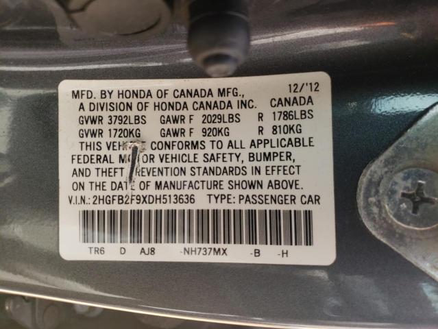 2HGFB2F9XDH513636 - 2013 HONDA CIVIC EXL ნაცრისფერი ფოტო 12