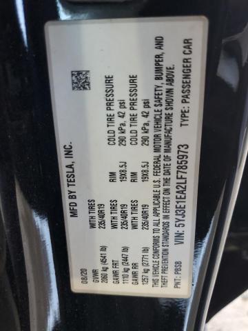 5YJ3E1EA2LF785973 - 2020 TESLA MODEL 3 BLACK photo 12