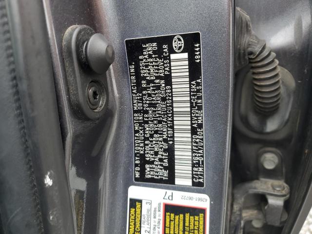 4T1BF1FK4CU162289 - 2012 TOYOTA CAMRY BASE GRAY photo 12