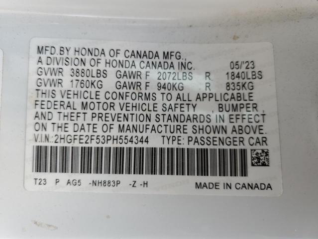 2HGFE2F53PH554344 - 2023 HONDA CIVIC SPORT 白色 照片 12