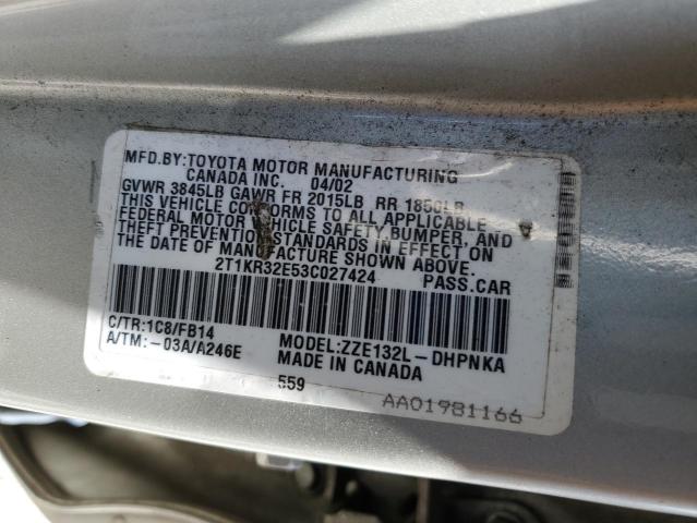 2T1KR32E53C027424 - 2003 TOYOTA COROLLA MA XR SILVER photo 12