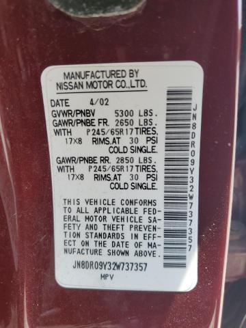 JN8DR09Y32W737357 - 2002 NISSAN PATHFINDER LE 栗色 照片 12