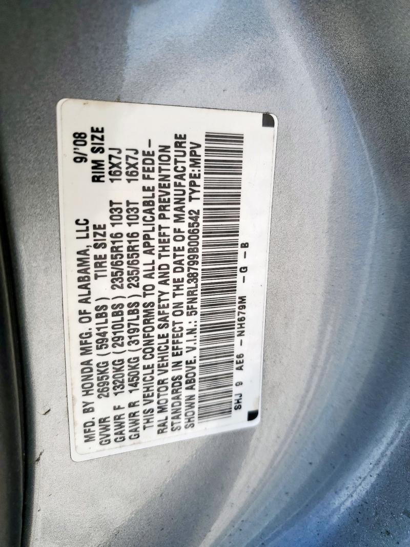 5FNRL38799B006542 - 2009 HONDA ODYSSEY EXL SILVER photo 13