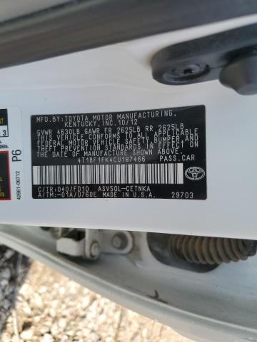 4T1BF1FK4CU187466 - 2012 TOYOTA CAMRY BASE 白色 照片 12