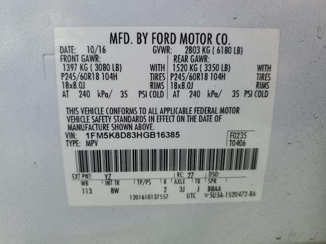 1FM5K8D83HGB16385 - 2017 FORD EXPLORER XLT WHITE photo 14