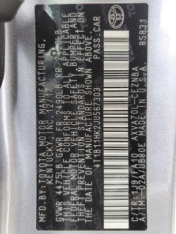 4T1B11HK2JU567303 - 2018 TOYOTA CAMRY L 银色 照片 13