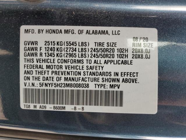 5FNYF5H23MB008038 - 2021 HONDA PILOT SE BLUE photo 14