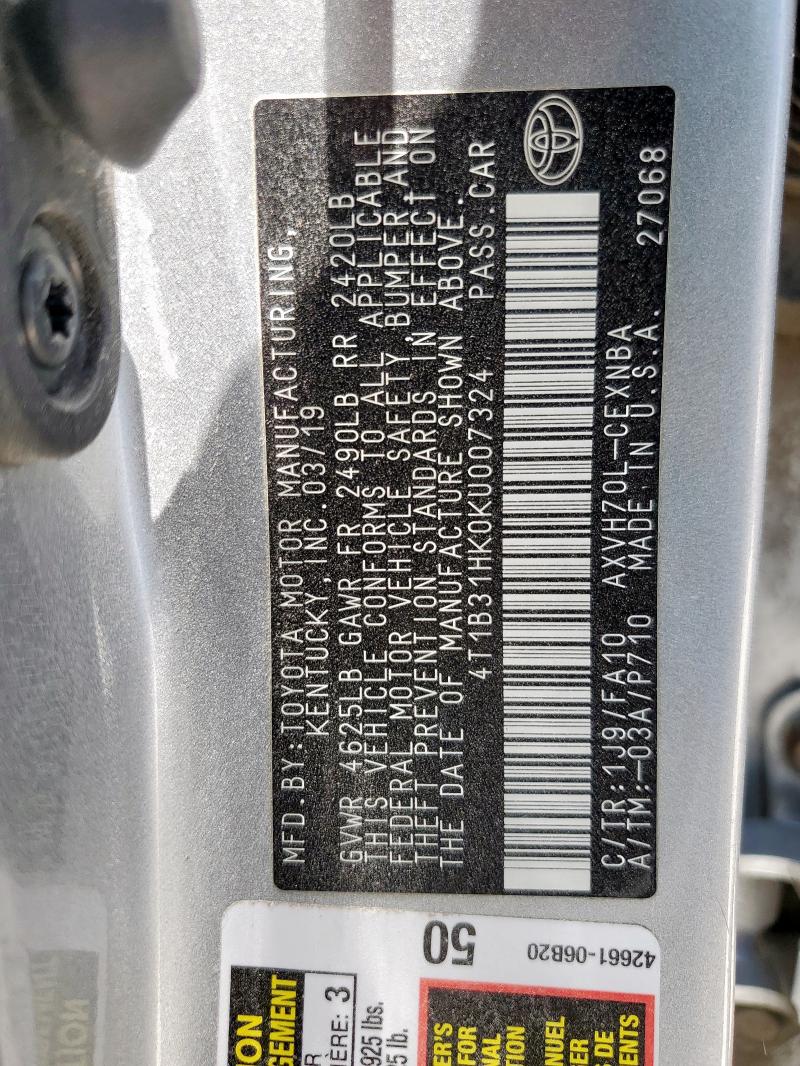 4T1B31HK0KU007324 - 2019 TOYOTA CAMRY LE SILVER photo 12