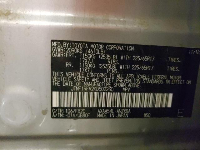 JTMF1RFV2KD502230 - 2019 TOYOTA RAV4 LE Сріблястий фото 13