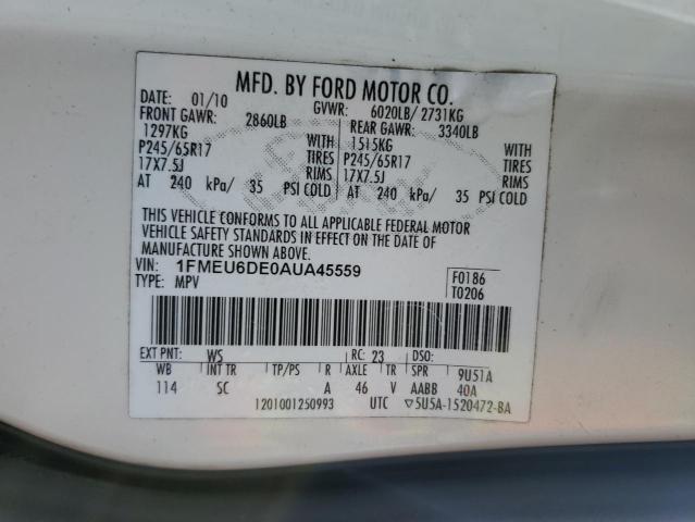 1FMEU6DE0AUA45559 - 2010 FORD EXPLORER XLT WHITE photo 13