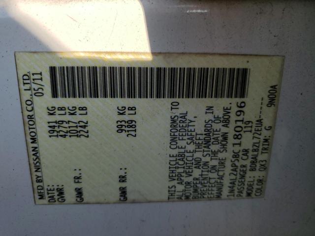 1N4AL2AP5BC180196 - 2011 NISSAN ALTIMA BASE 白色 照片 12