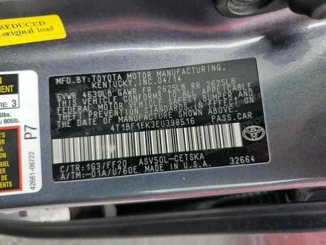 4T1BF1FK3EU398516 - 2014 TOYOTA CAMRY L Сірий фото 13