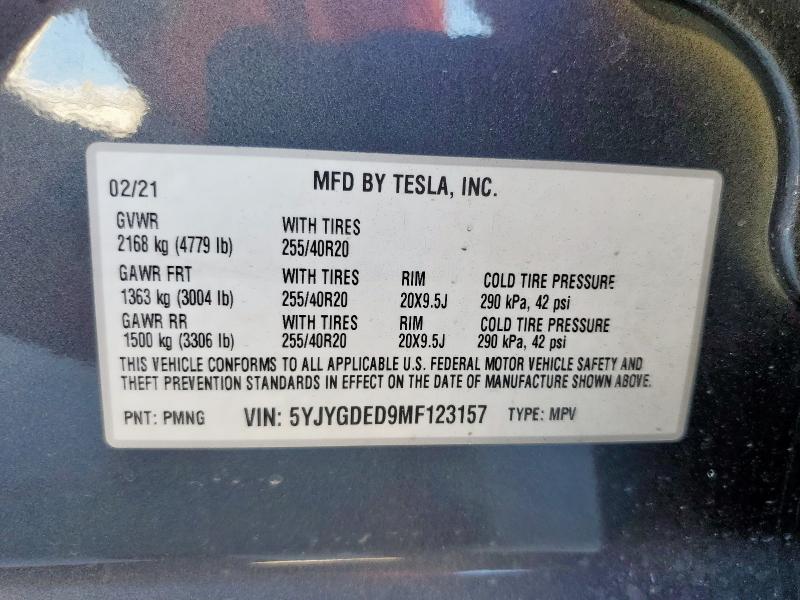 5YJYGDED9MF123157 - 2021 TESLA MODEL Y GRAY photo 14